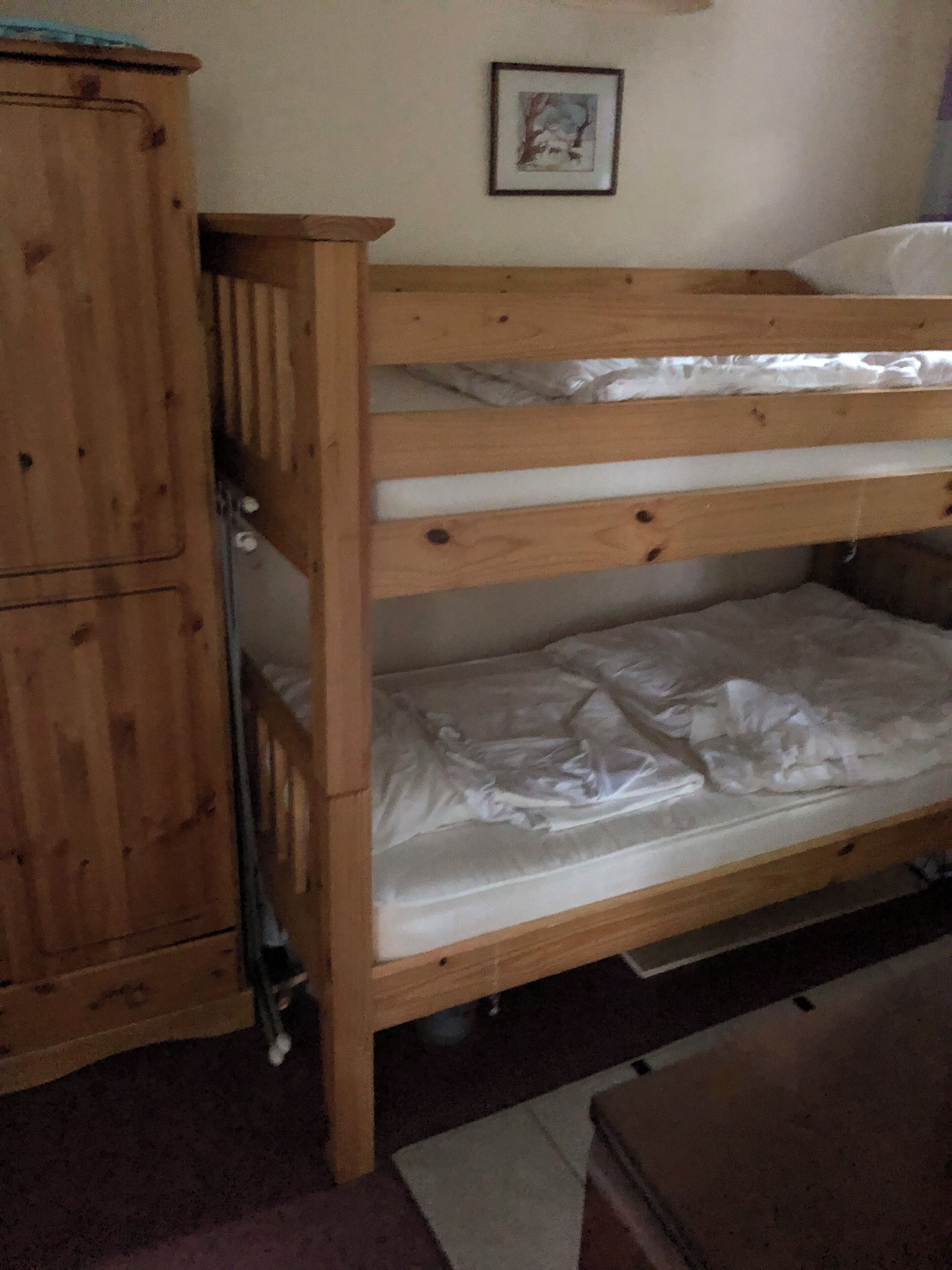 Una cama individual con dos literas, un cabecero de madera, un armario pequeño y un cuadro en la pared.