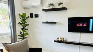 A modern living room with a grey sofa, a wooden coffee table, a laptop, a TV displaying 'NETFLIX', and a potted plant. - Mylos home (Ierapetra)