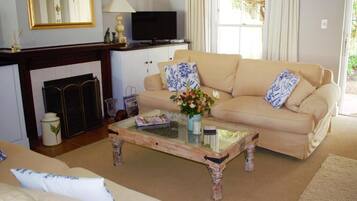 Flat-screen TV, fireplace