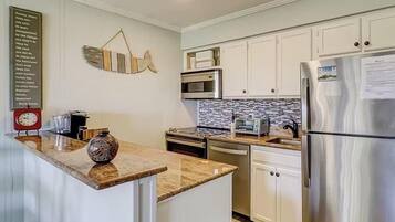 Fridge, microwave, dishwasher, coffee/tea maker