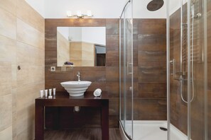 Shower, hair dryer, towels, shampoo