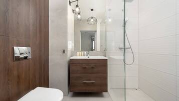Shower, hair dryer, towels, shampoo