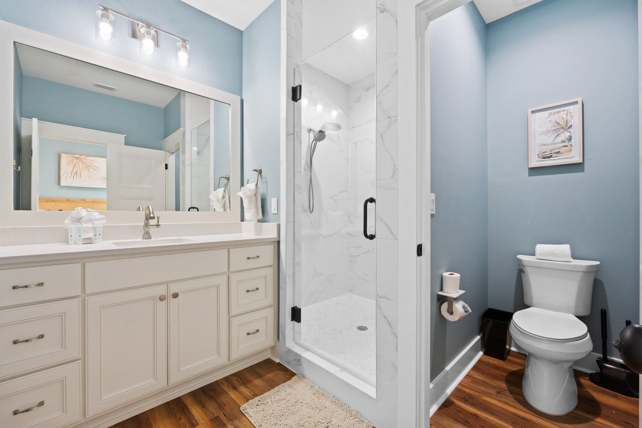Une salle de bain avec un meuble-lavabo blanc, une cabine de douche en verre, des toilettes et un tableau encadré au mur.