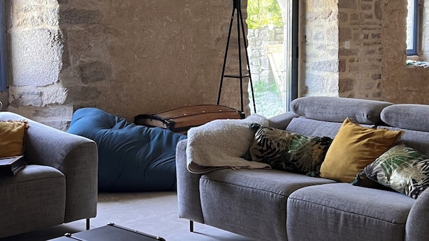 Ein Wohnzimmer mit Steinwand, grauem Sofa, blauem Sessel und Stativ.