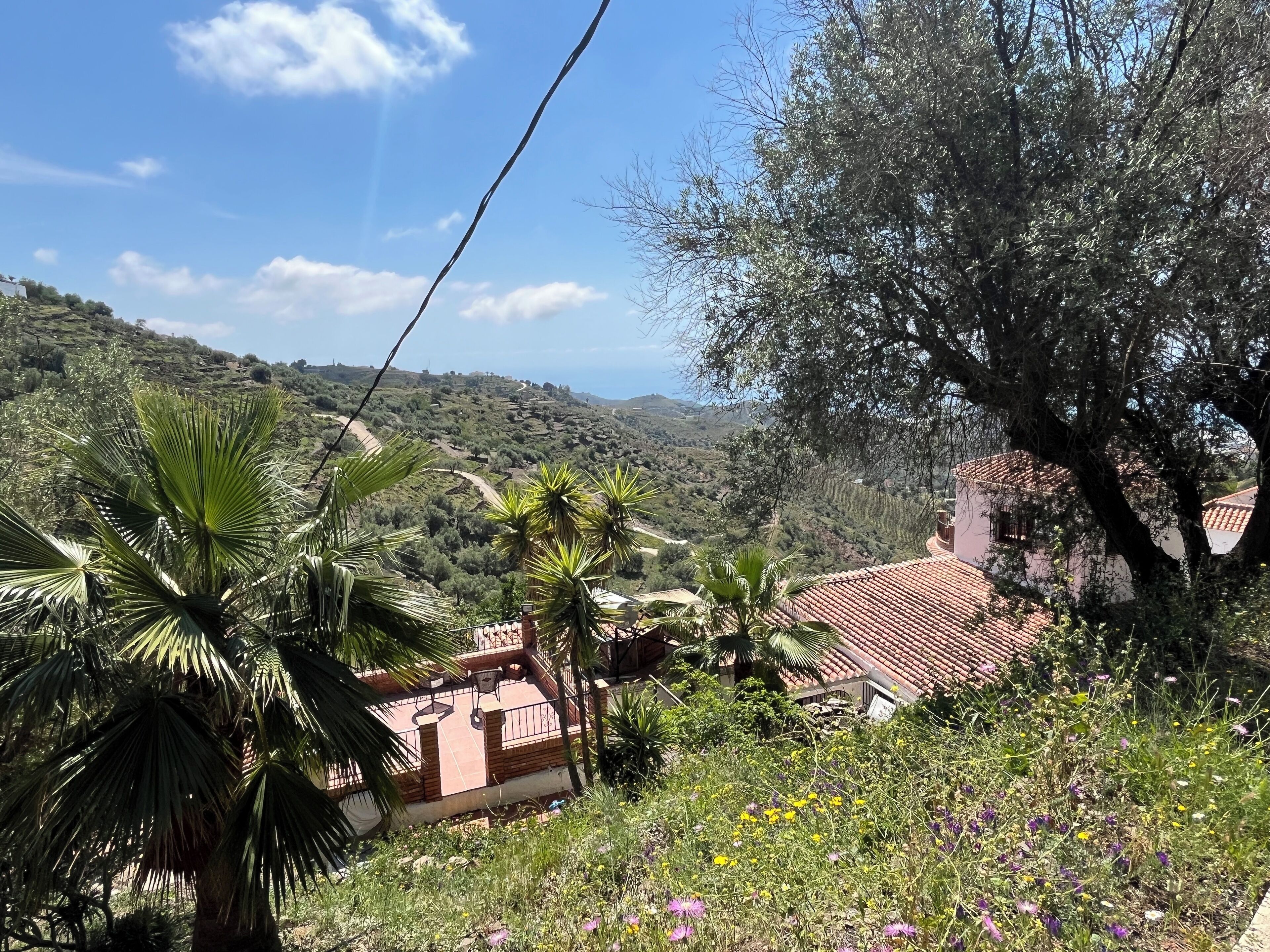 A hillside villa with terracotta tiled roofs, surrounded by lush greenery and flowering plants.