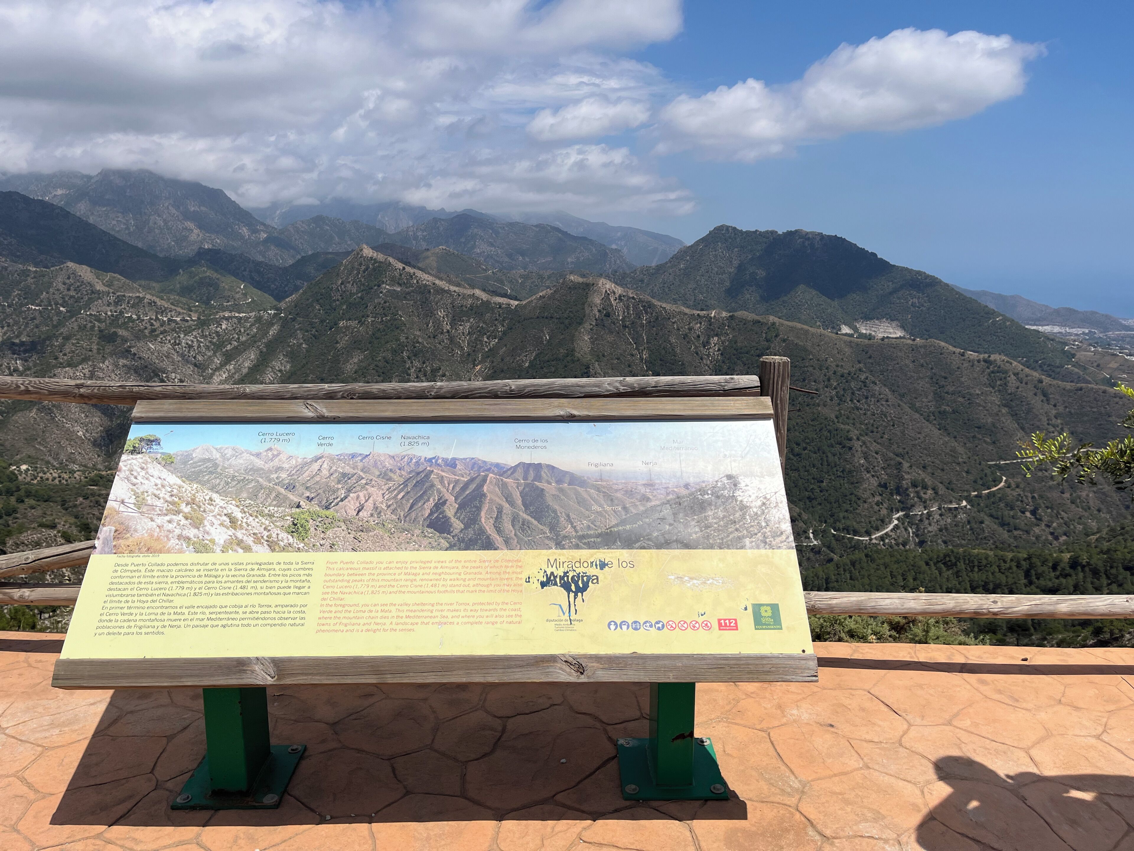 A mountain view with a wooden signboard displaying a map and text.