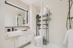 Shower, hair dryer, towels