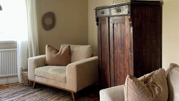 Smart TV, fireplace, books