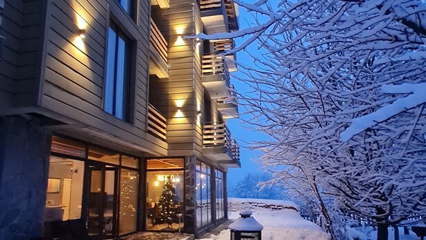 A snow-covered pathway leading to a building with illuminated windows and a Christmas tree.