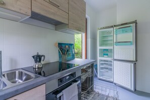 Een koelkast, een oven, een vaatwasser, een koffiezetapparaat/waterkoker
