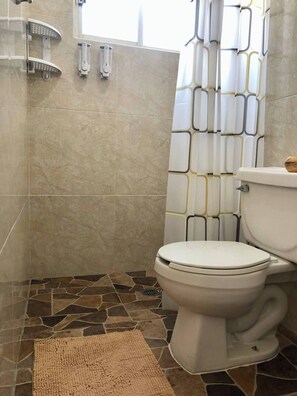 Douche, sèche-cheveux, serviettes fournies, savon