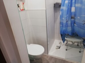 Douche, serviettes fournies, papier toilette