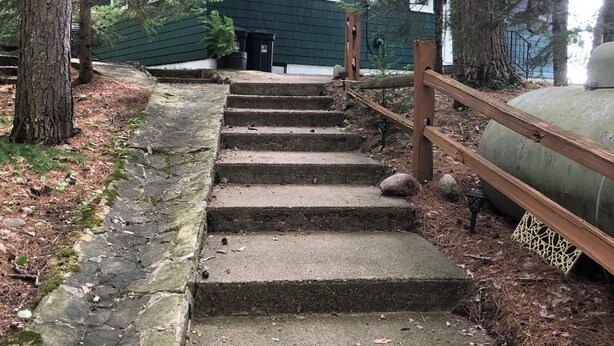 A set of stone steps leading to a dark green house surrounded by trees.