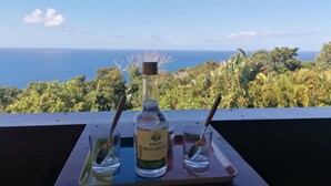 Une table avec une bouteille de rhum, deux verres à shooter et un plateau, le tout placé devant un paysage magnifique avec l’océan et une végétation luxuriante en arrière-plan.