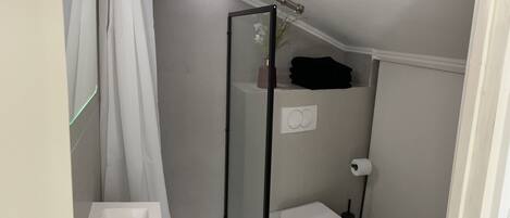 A small, compact bathroom with a shower, toilet, and sink.