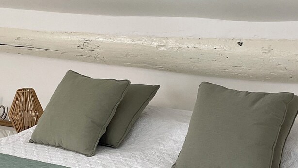 A bed with a white sheet and two green pillows, a green throw blanket, and a wooden headboard. - 2 Bedroom Apartment in Antibes (Antibes)