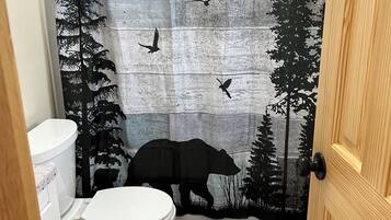 Hair dryer, towels, soap, toilet paper