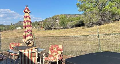 One room guest house with hot tub, three twin beds, one futon, kitchen, bathroom