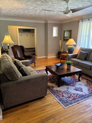 TV, fireplace, books