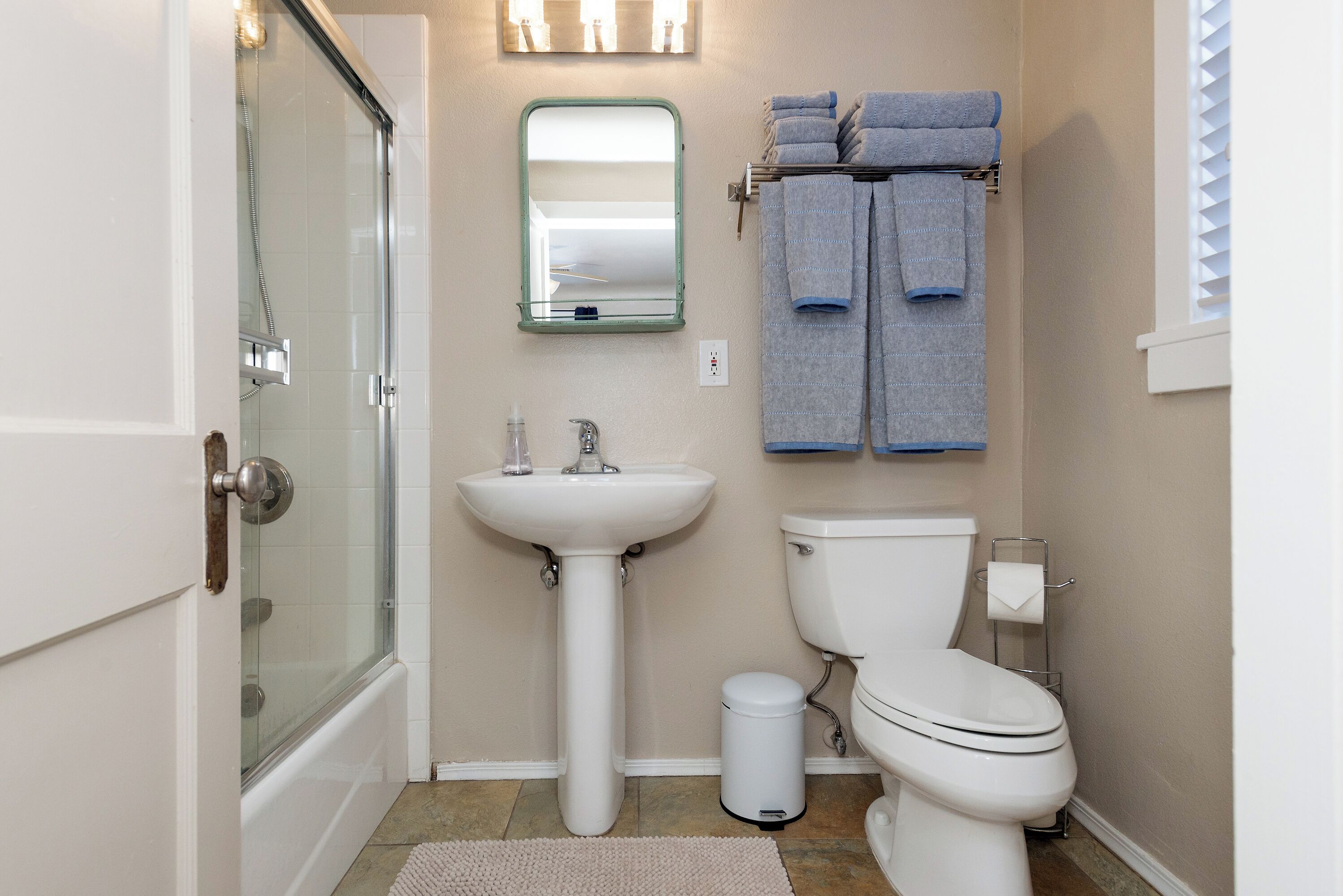 Hair dryer, towels, soap, shampoo