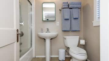 Hair dryer, towels, soap, shampoo