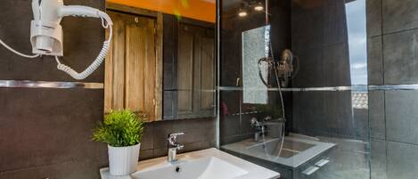 Shower, hair dryer, towels, soap