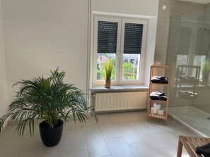 Douche, sèche-cheveux, serviettes fournies, savon