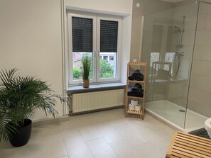Dusche, Haartrockner, Handtücher, Seife