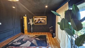Une pièce moderne avec un mur foncé, un lustre, une grande moquette, une petite moquette blanche et moelleuse, une grande plante et un tableau encadré accroché au mur.