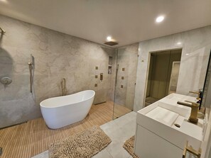 Shower, hair dryer, towels, soap