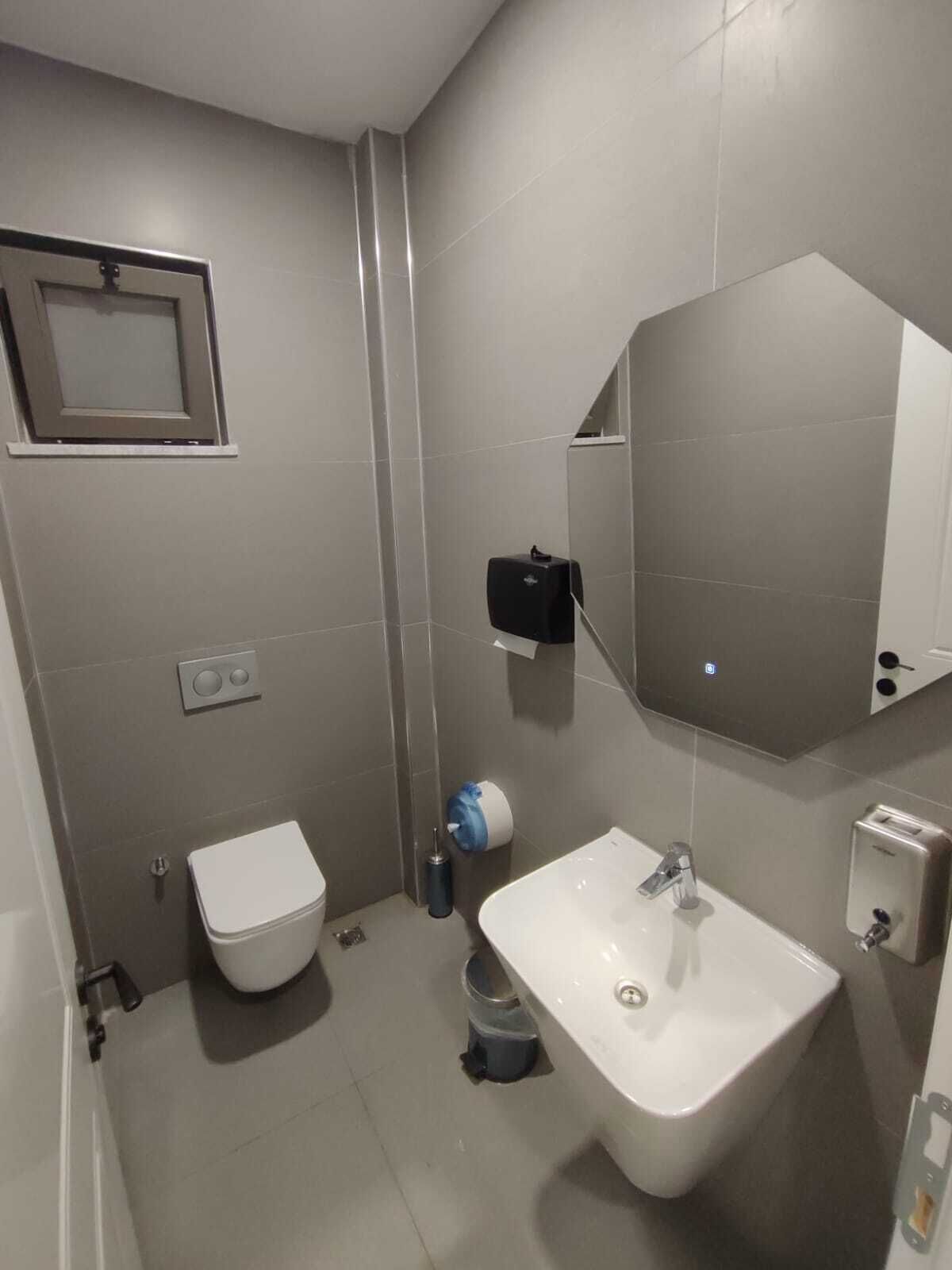 A modern bathroom with a toilet, sink, and mirror.
