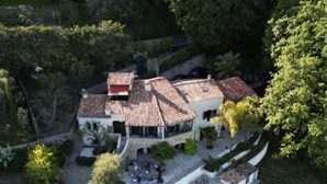 Une vue aérienne d’une grande maison à plusieurs étages, dotée d’une piscine, entourée d’une végétation luxuriante et bordée d’un chemin en pierre.