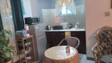 Fridge, microwave, stovetop, electric kettle