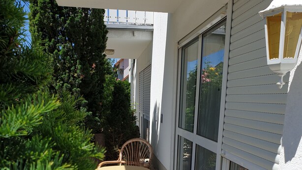Un patio con mesa y sillas, rodeado de follaje, y un amplio ventanal corredera que da a un espacio interior.
