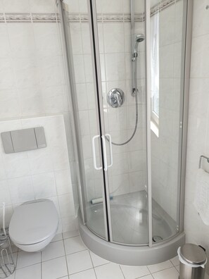 Douche, sèche-cheveux, serviettes fournies, savon