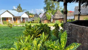 A rural village with thatched-roof houses and a lush green garden. - zanzigo (Nungwi)