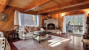 Televisión, chimenea, reproductor de DVD y libros