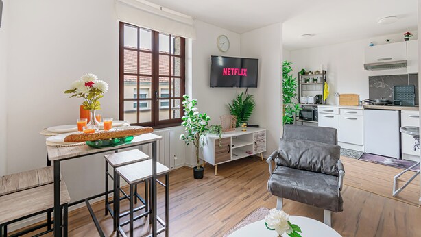 Un salon moderne comprenant un coin repas, une cuisine et un téléviseur affichant le logo « NETFLIX ».
