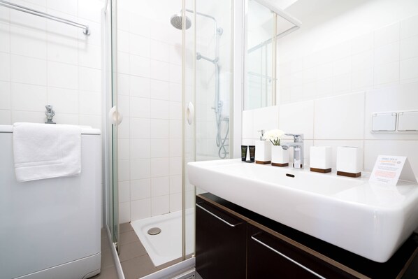 Shower, hair dryer, towels