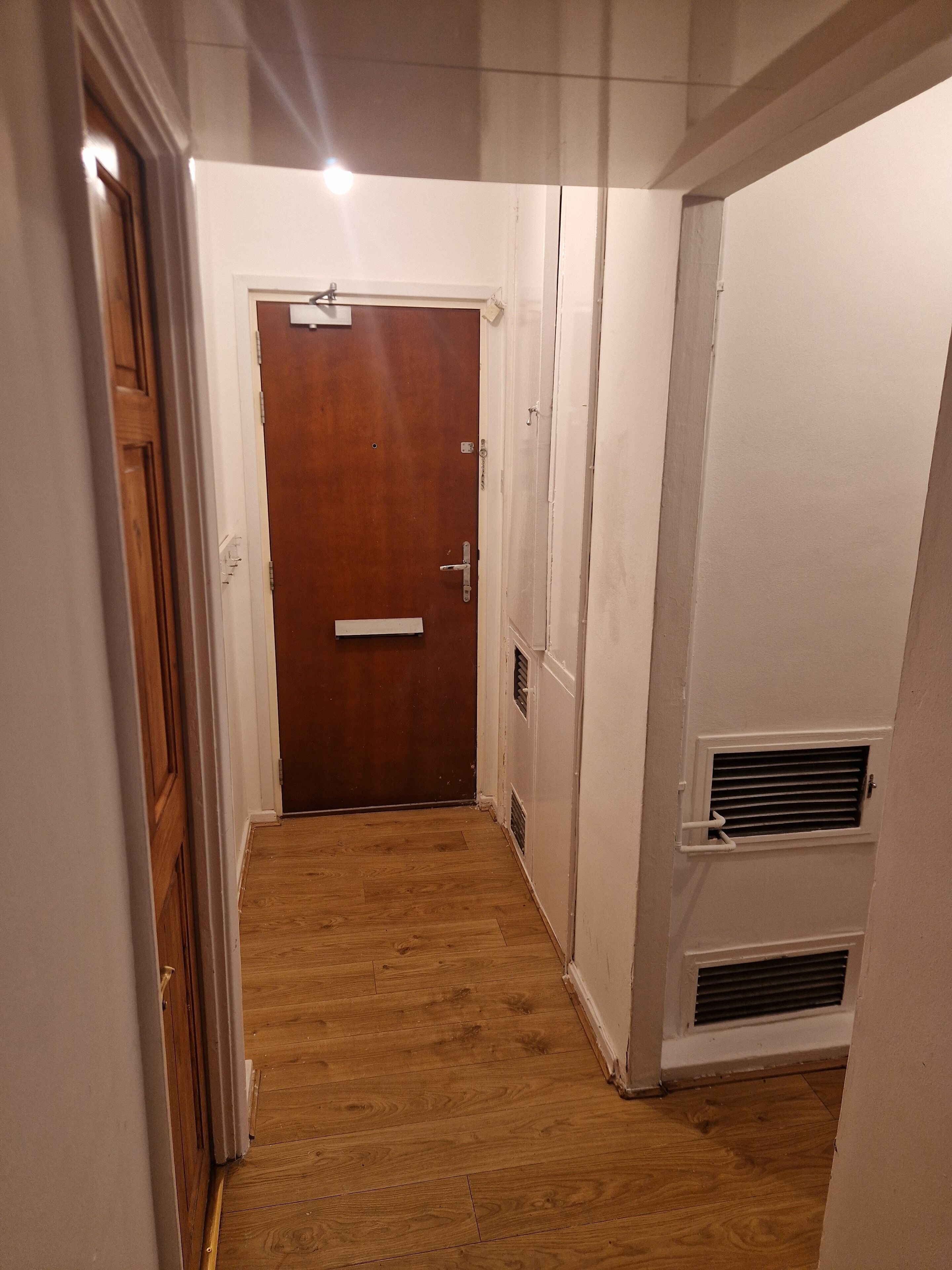 Un pasillo estrecho con una puerta de madera al final, paredes blancas y suelo de madera.