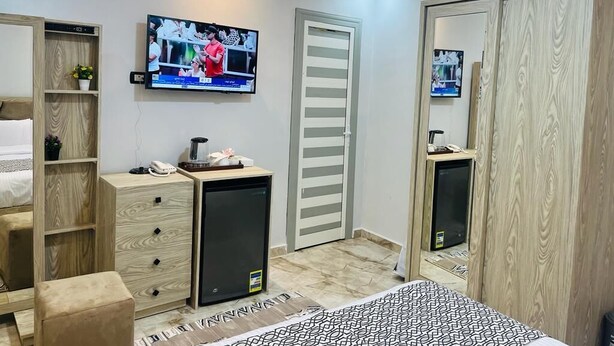 Una camera da letto moderna con un letto, una scrivania, una TV, un armadio e una porta.