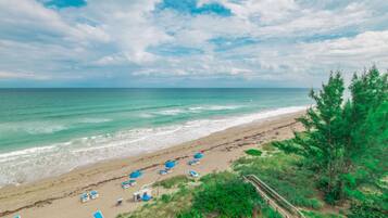 On the beach, sun-loungers, beach towels