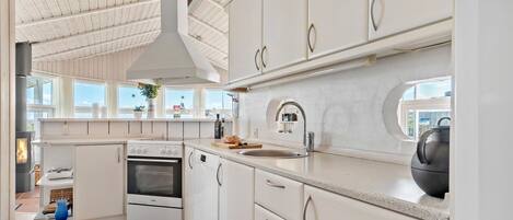 Fridge, stovetop, dishwasher, coffee/tea maker
