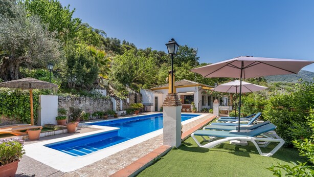 Una piscina con sillones de descanso y sombrillas, rodeada de vegetación y un paisaje montañoso.