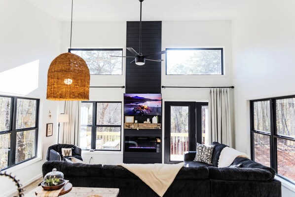 Smart TV, fireplace, books, computer monitors