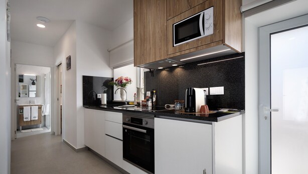 A modern kitchen with a microwave, oven, and granite countertop. - Apartment 'Casinha Do Rei' with Shared Terrace, Wi-Fi and Air Conditioning (Fátima)