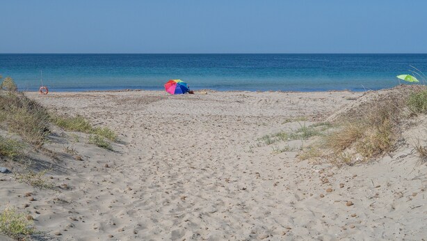 Una playa con un sendero arenoso que lleva al agua, un paraguas colorido y un flotador salvavidas.