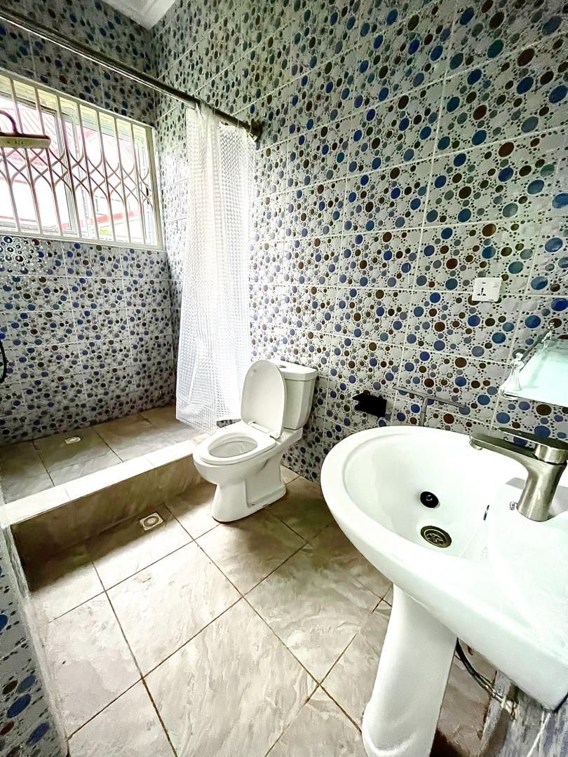 A bathroom with a toilet, sink, and patterned walls.