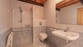 Ein Badezimmer mit Dusche, Toilette und Waschbecken, Holzbalkendecke und Fliesenwänden.