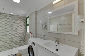 Shower, hair dryer, towels